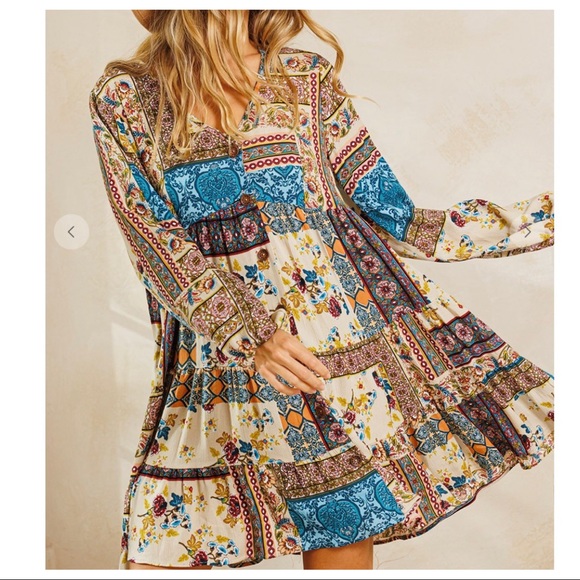 43 Boho Gypsy Chic Floral Tired Button Up Dress - Picture 2 of 4